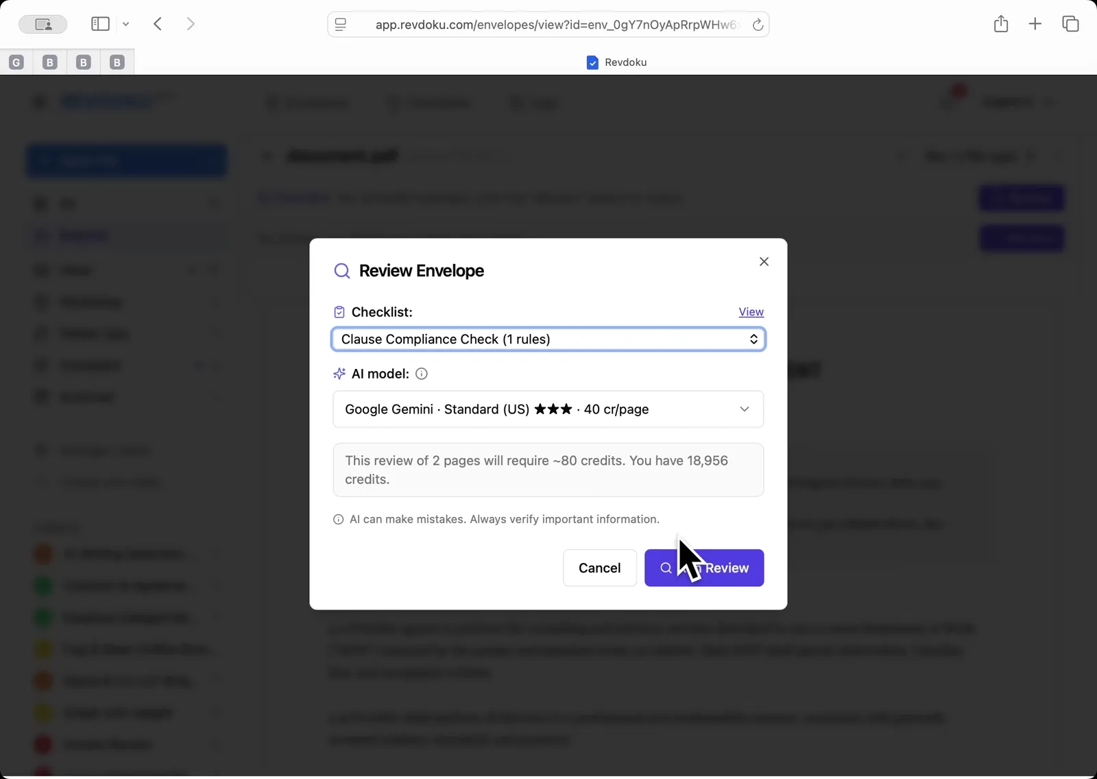 Pick the Clause Compliance Check. In the Review Envelope dialog, select Clause Compliance Check (1 rules). Leave the AI model on Google Gemini Standard US and click Run Review.