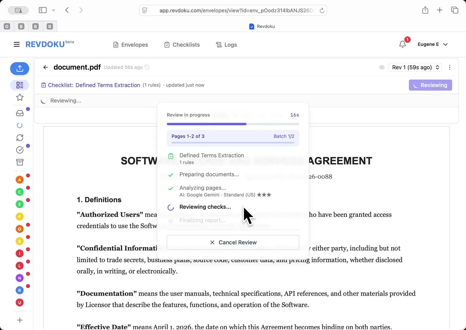 Let Revdoku batch the pages. Revdoku splits the three pages into batches, then runs Preparing, Analyzing, Reviewing, and Finalizing. Wait for all steps to complete.