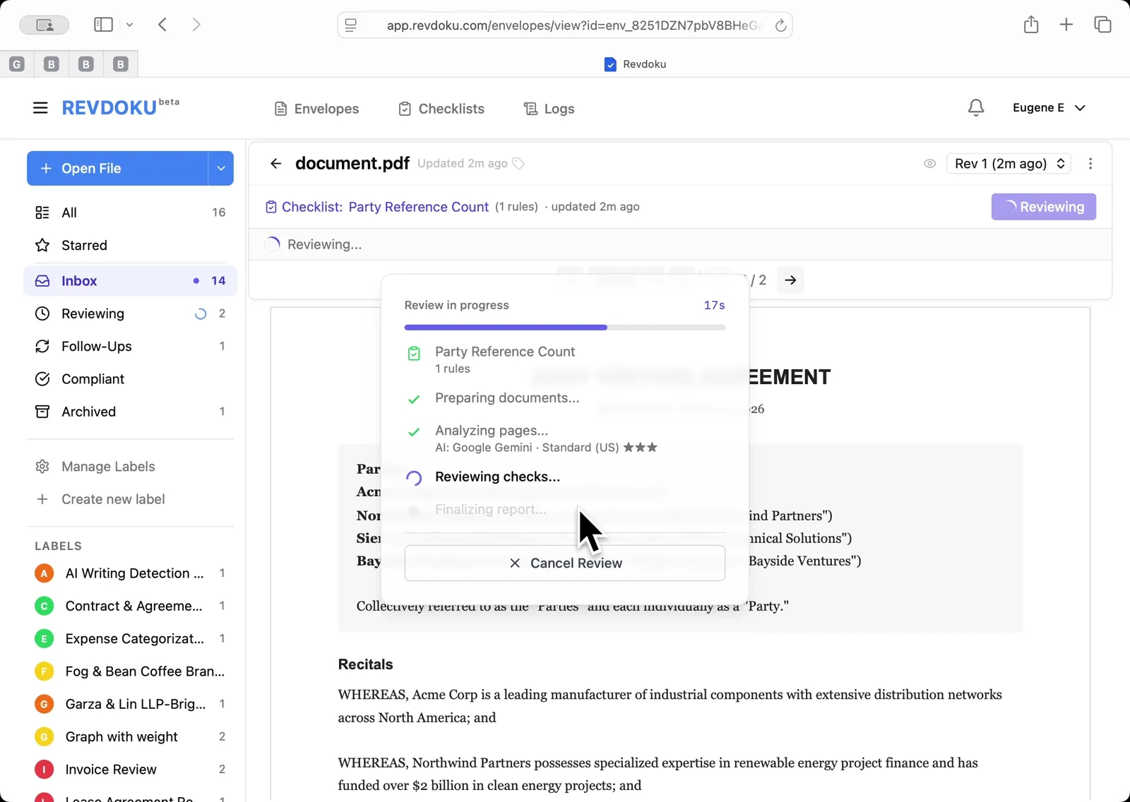 Let Revdoku scan the pages. The Review in progress panel walks through Preparing documents, Analyzing pages, Reviewing checks, and Finalizing report. Wait for it to finish — no input is required.