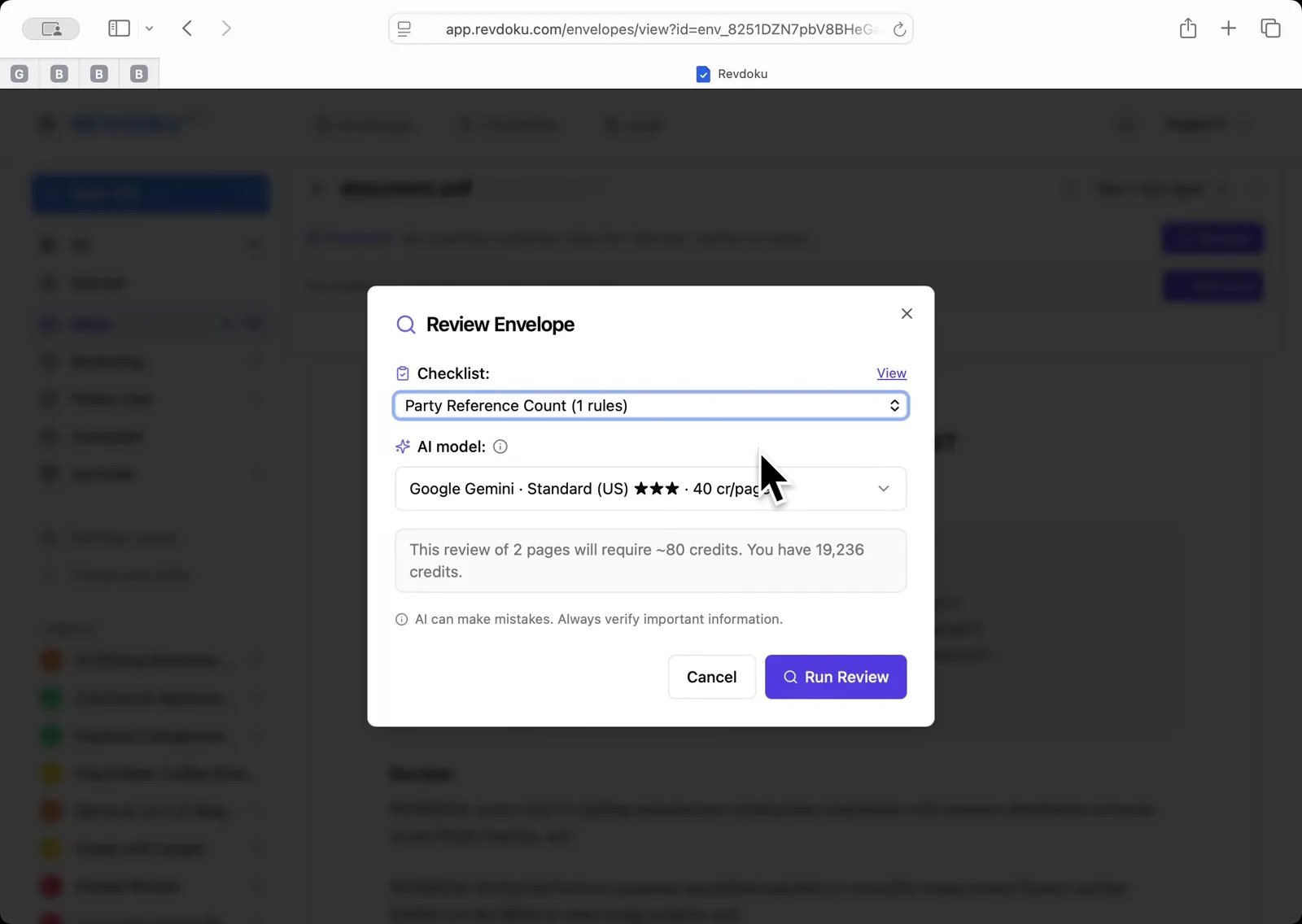 Pick the Party Reference Count checklist. In the Review Envelope dialog, select Party Reference Count (1 rules) from the Checklist dropdown. Leave the AI model set to Google Gemini Standard US, then click Run Review.