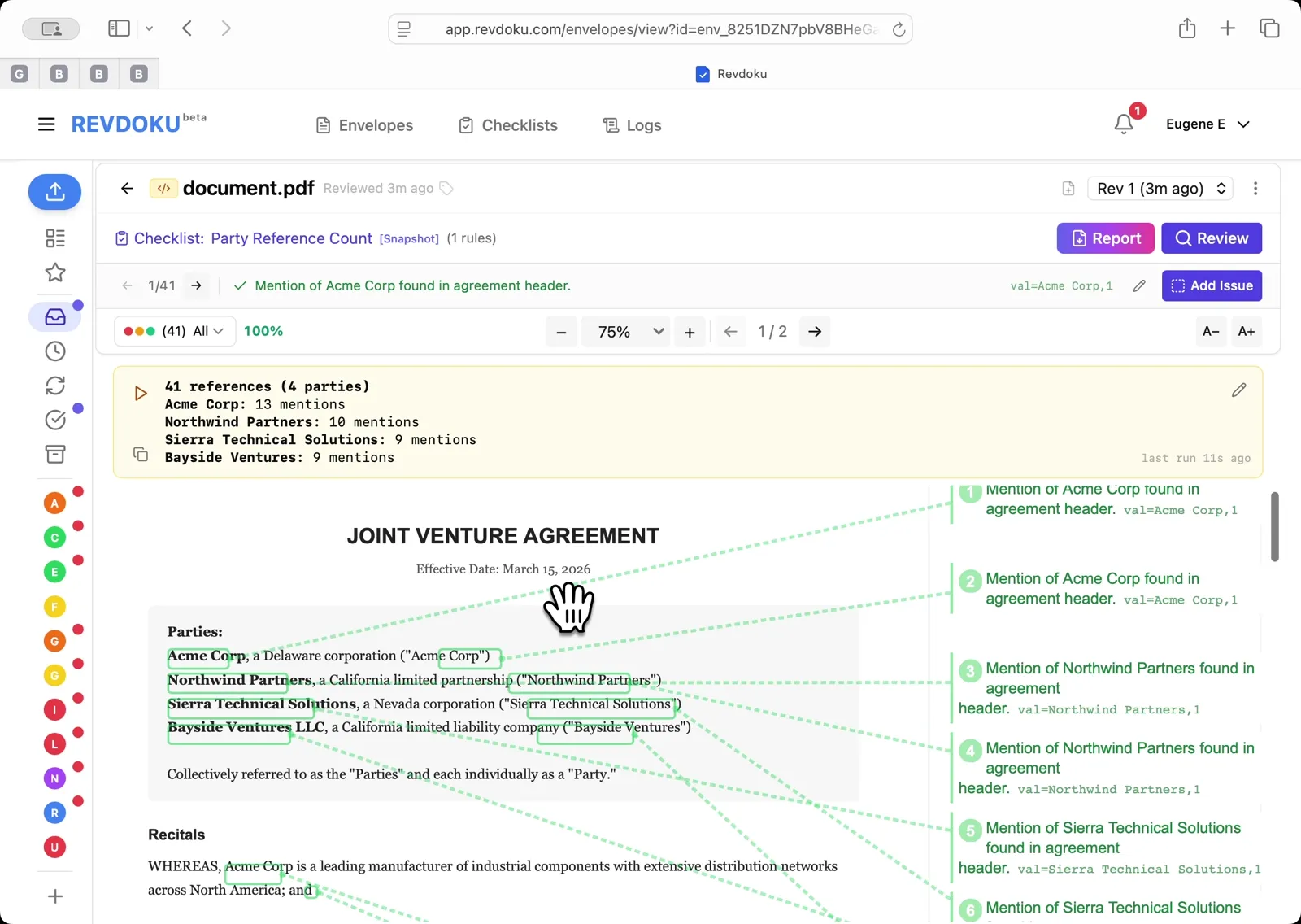 Read the reference tally. The result panel reports 41 references across 4 parties — Acme Corp 13, Northwind Partners 10, Sierra Technical Solutions 9, Bayside Ventures 9. Every mention is numbered and mapped back to its exact spot in the PDF on the right.