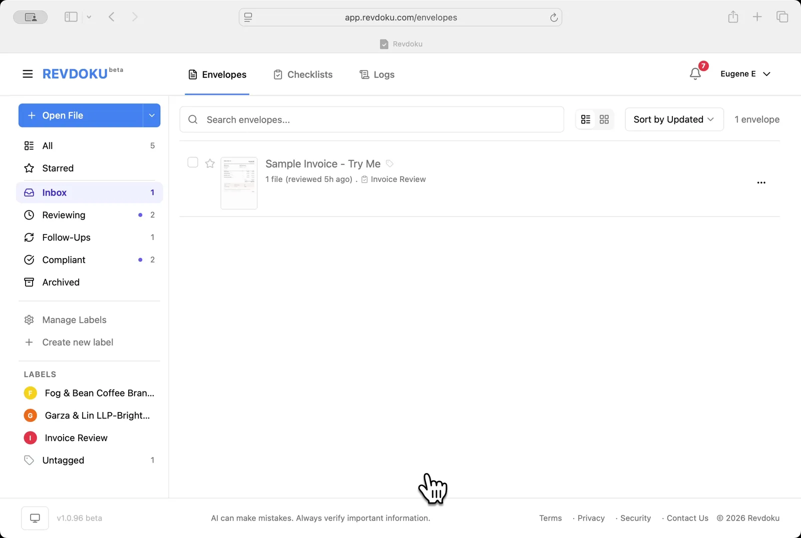 Open the Envelopes inbox. The inbox shows one item, a sample invoice