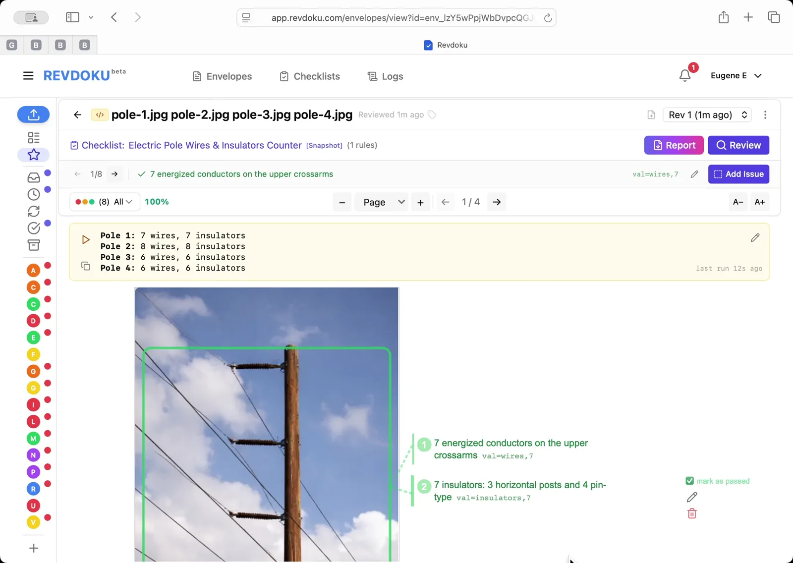 Read the per-pole counts. The result panel reports Pole 1: 7 wires, 7 insulators; Pole 2: 8 wires, 8 insulators; Pole 3: 6 wires, 6 insulators; Pole 4: 6 wires, 6 insulators. Each count is mapped back to the photo with a green highlight region around the counted objects.