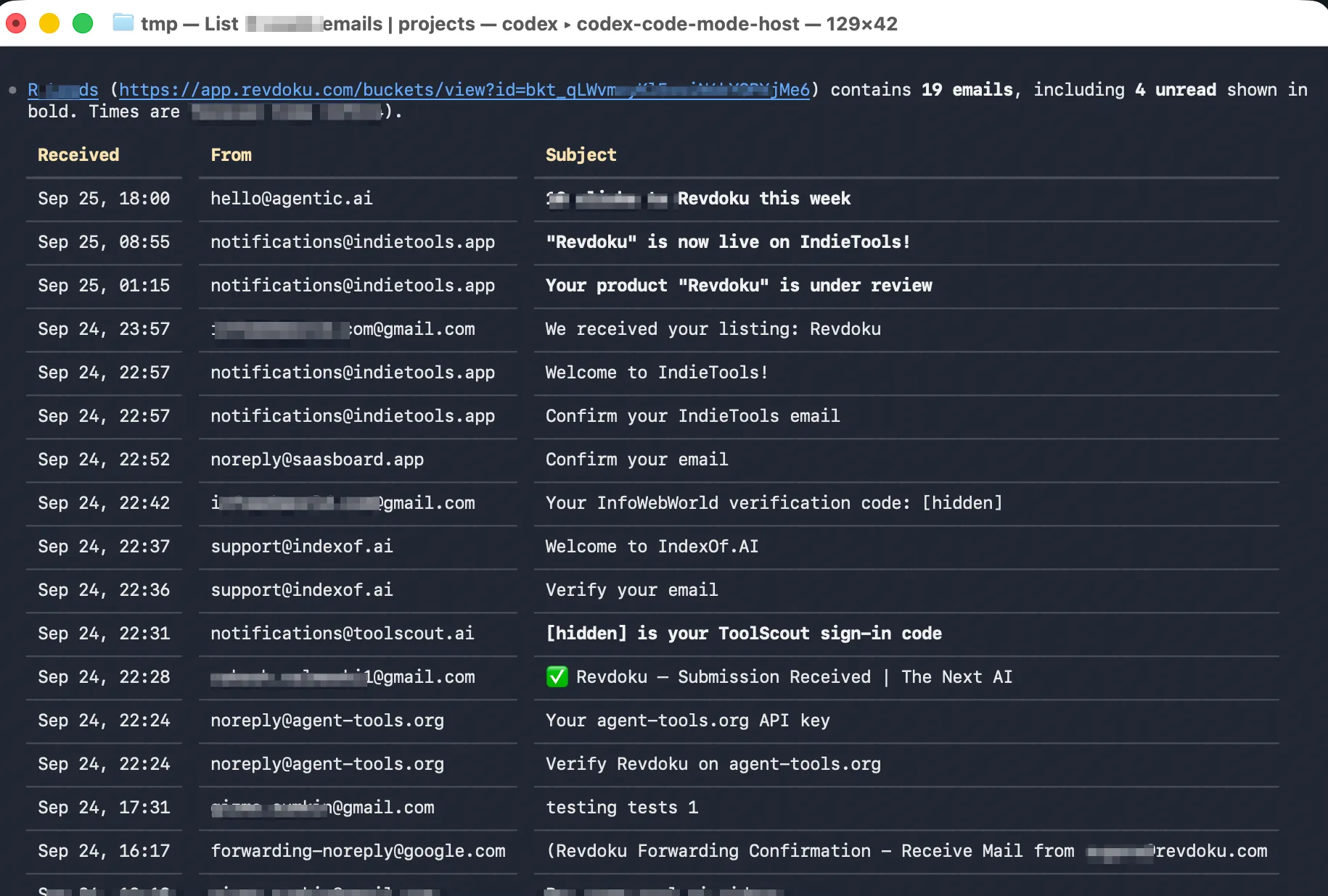 A terminal with a list of email from a Revdoku inbox.