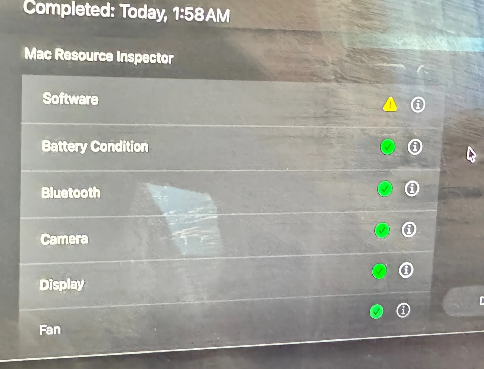 Upper part of Mac hardware diagnostic results