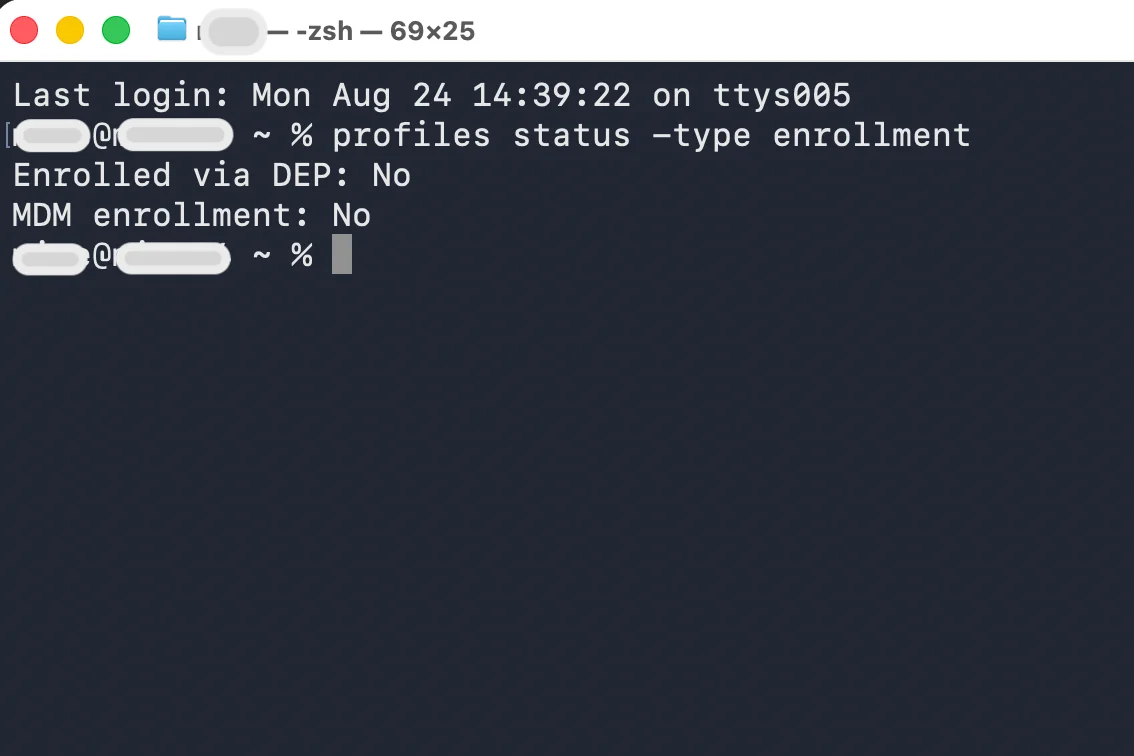 Terminal showing DEP and MDM enrollment status as No