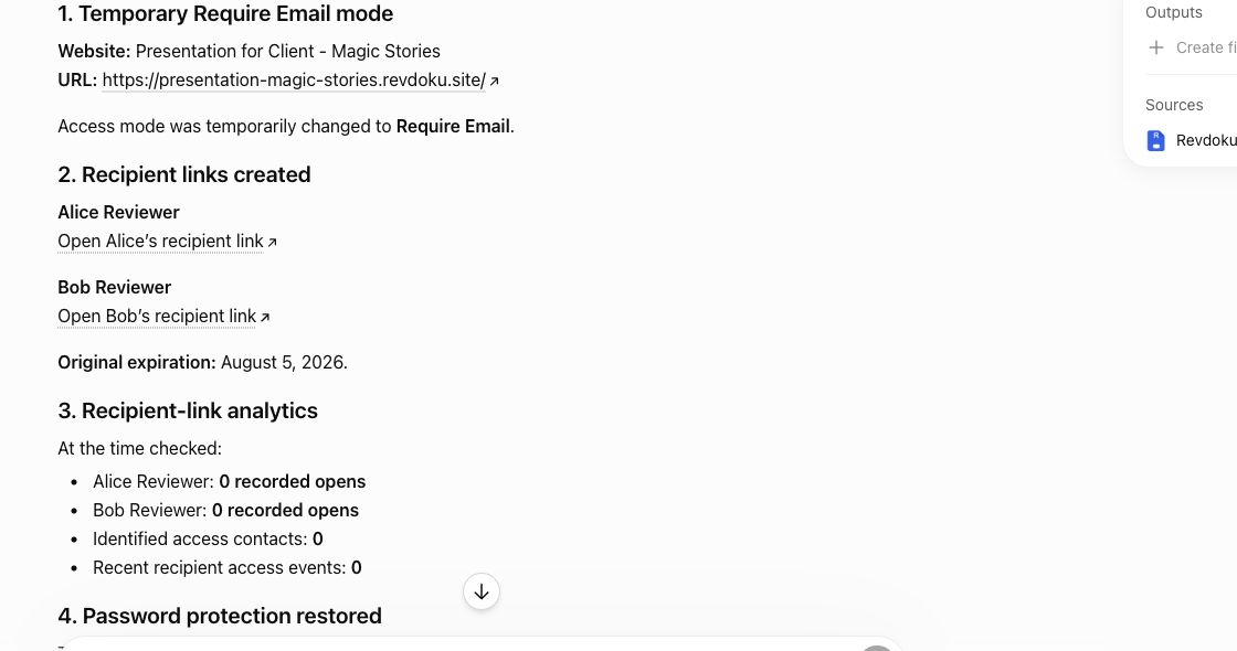 ChatGPT creates recipient links for a Revdoku website