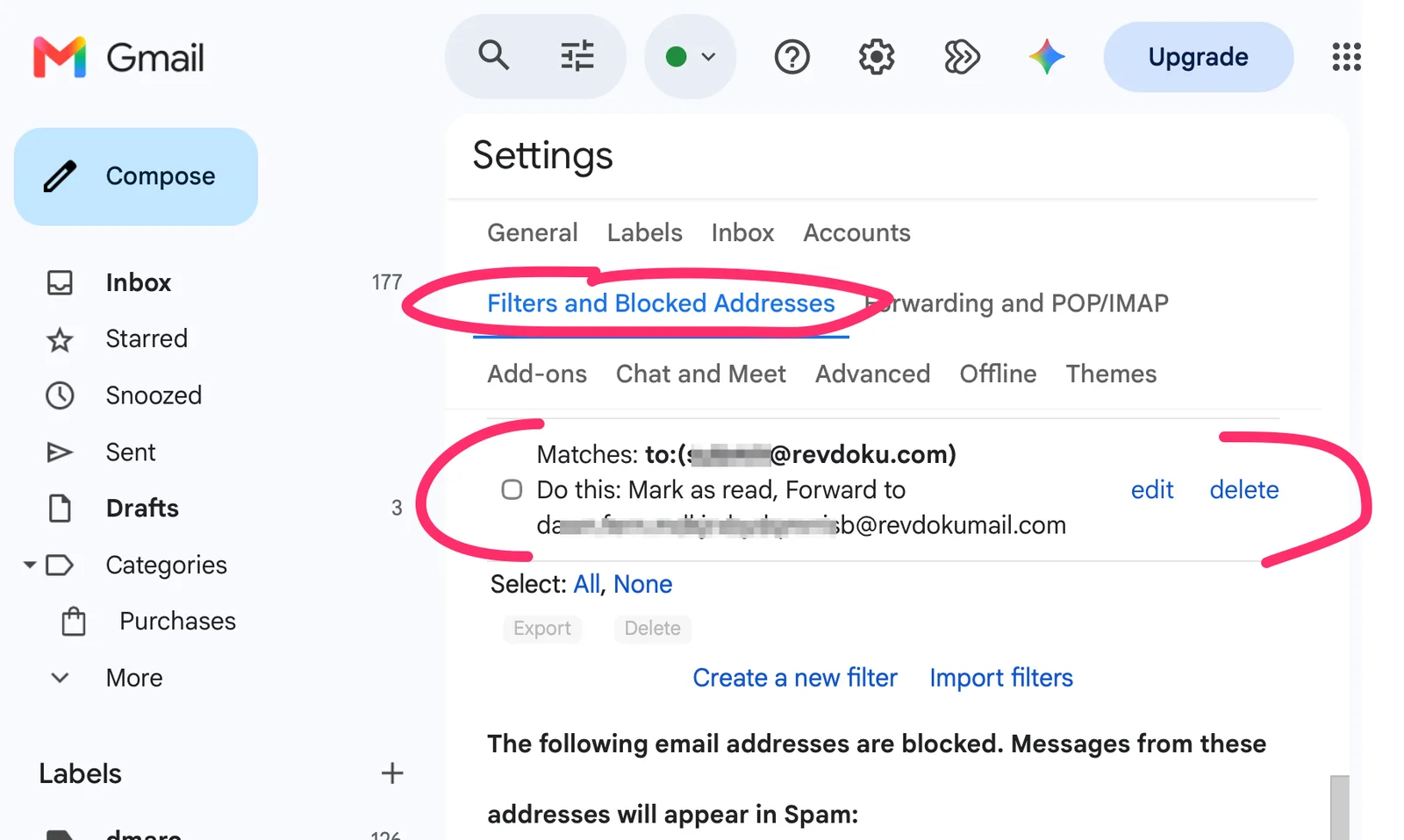 Saved forwarding filter in Gmail’s Filters and Blocked Addresses settings