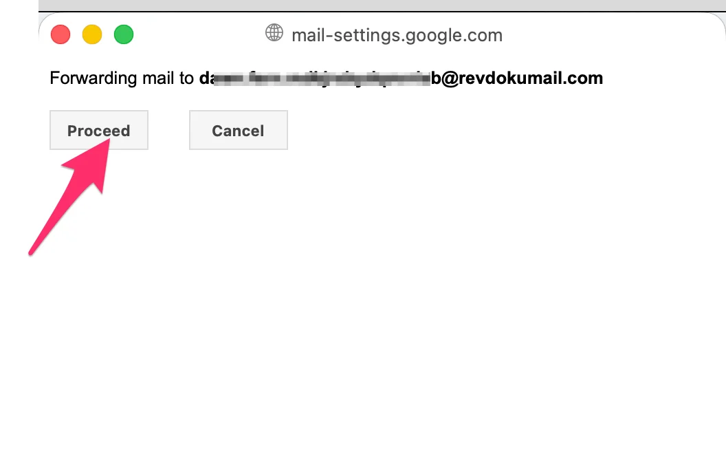 Google confirmation window with the Proceed button highlighted