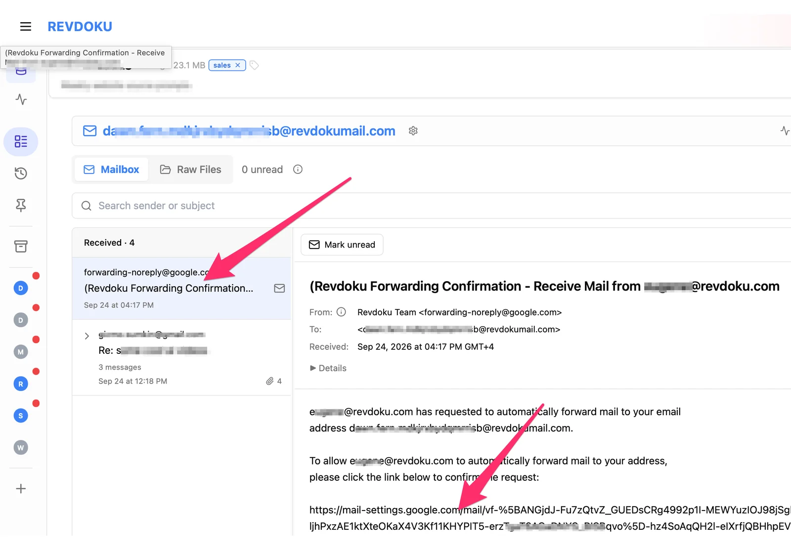 Gmail forwarding confirmation email in the Revdoku bucket Mailbox