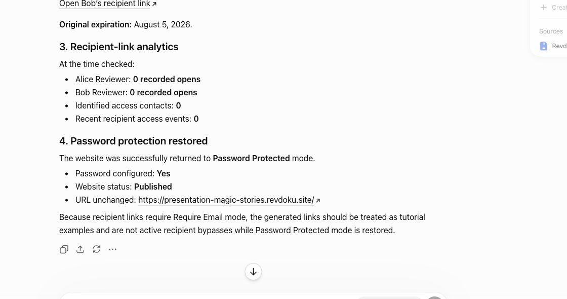 ChatGPT reviews recipient-link analytics for a protected Revdoku website