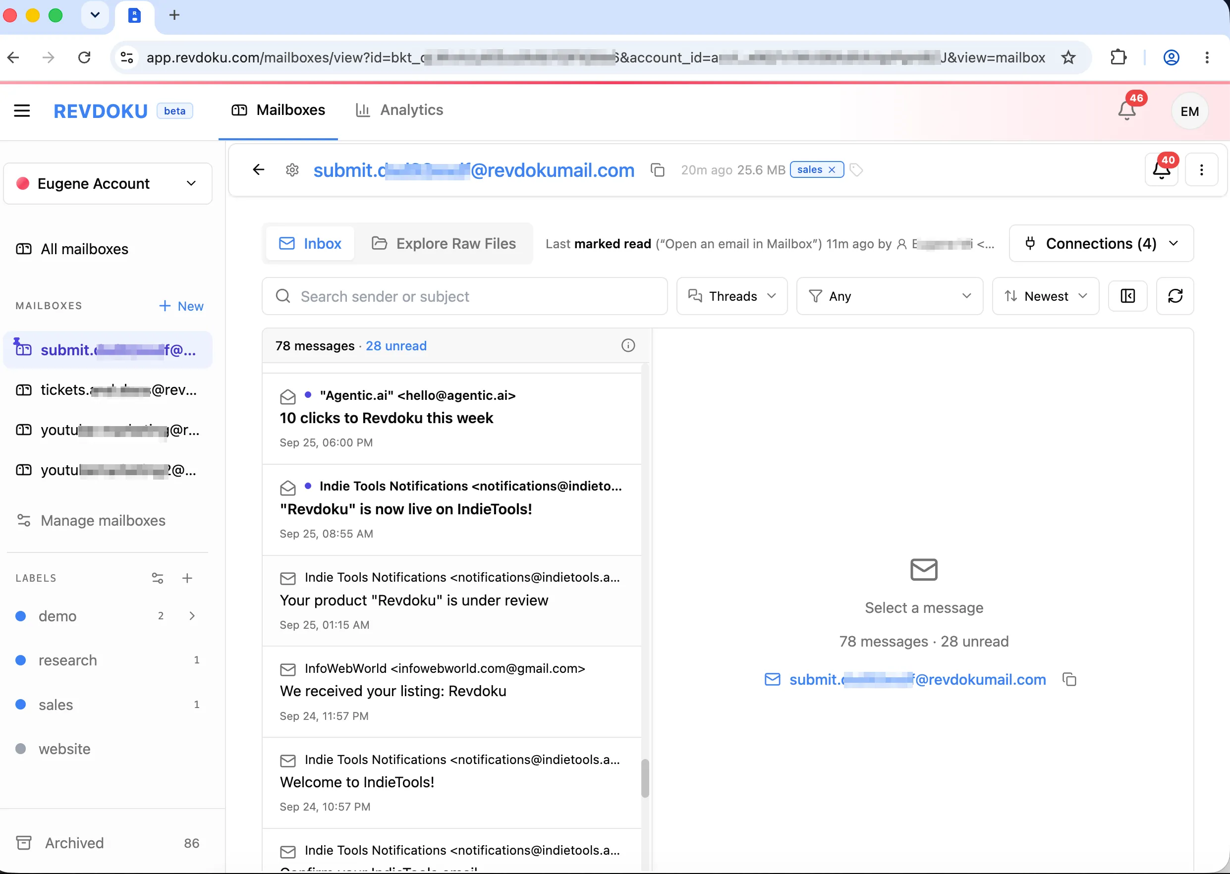 A Revdoku inbox with email and connected apps.