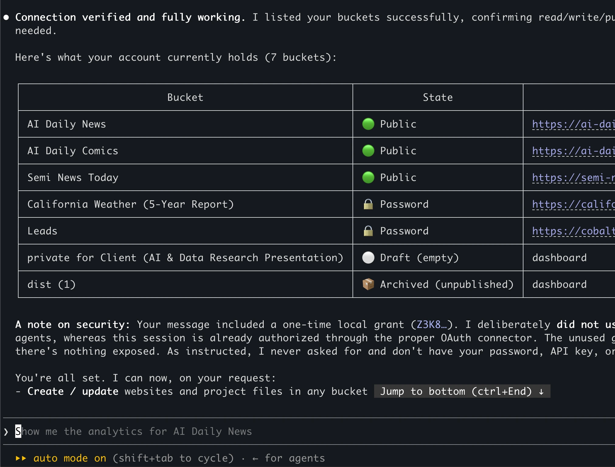 Claude Code lists Revdoku buckets in the terminal after connecting