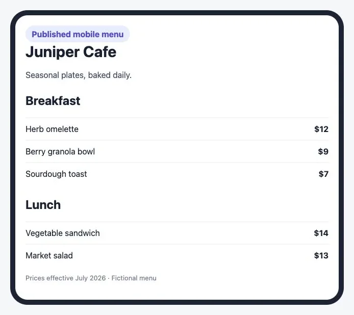 Fictional published menu in a phone-width layout